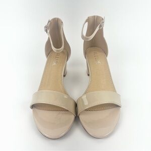 Cream Patent Leather Block Heel Ankle Strap Shoes